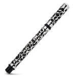 Henry Simpole Myrtle pen at a mirrored angle, silver and black scrollwork covering cap and barrel