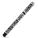 Henry Simpole Myrtle pen at a mirrored angle, silver and black scrollwork covering cap and barrel