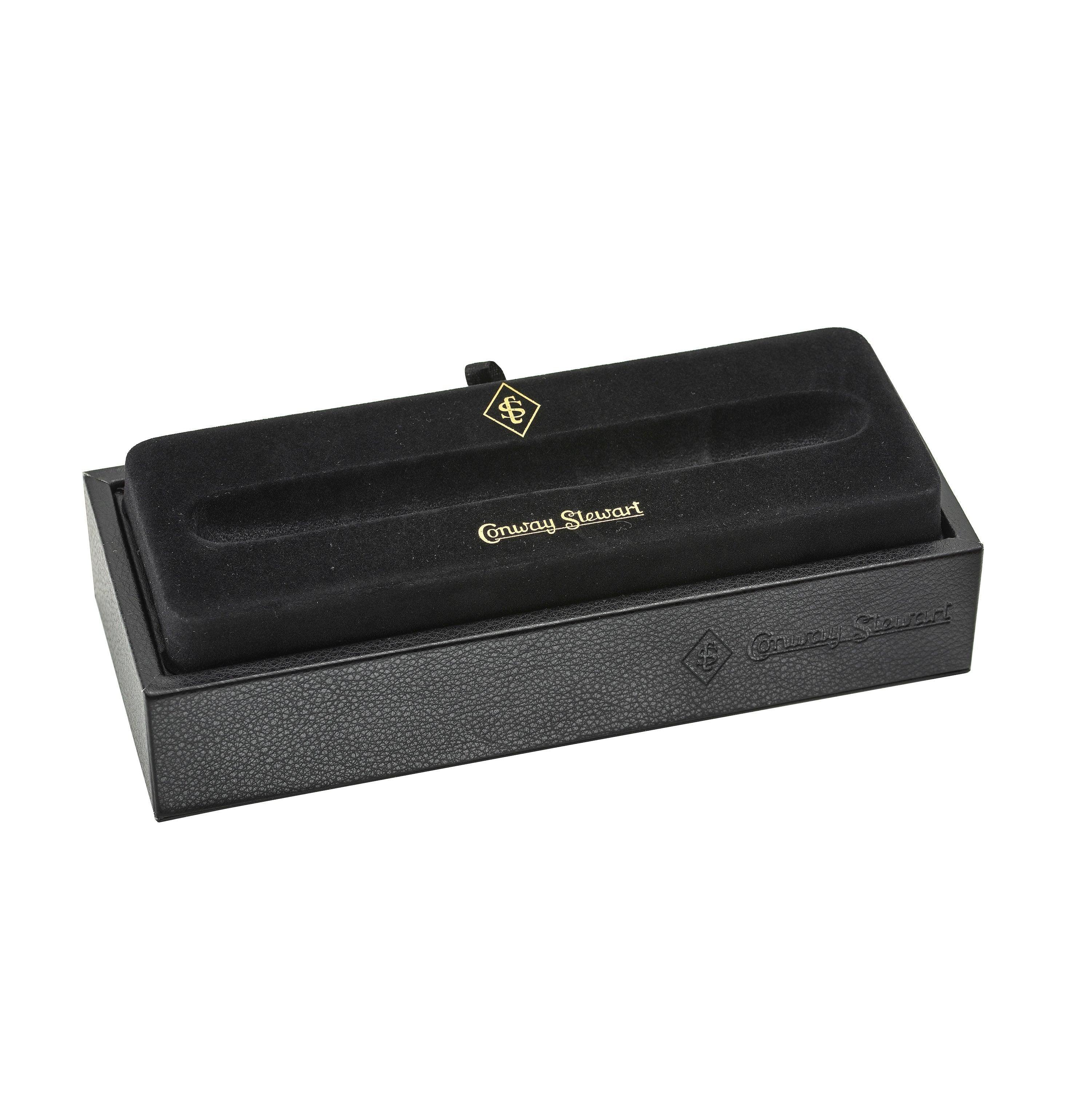 Conway Stewart presentation box, closed, in black leatherette with gold branding