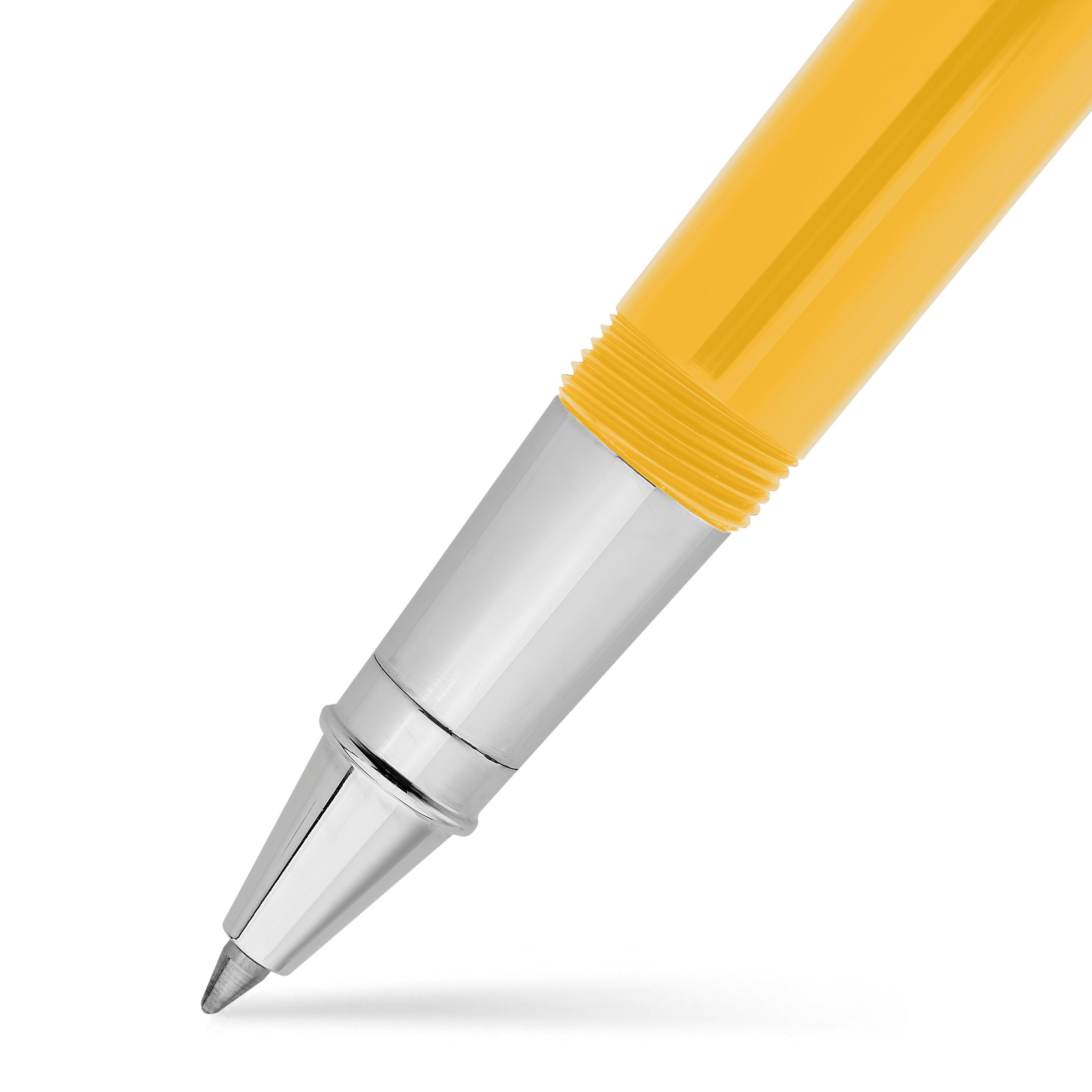 Close-up of the Silvicity Sunrise Yellow rollerball tip and chrome-tone point